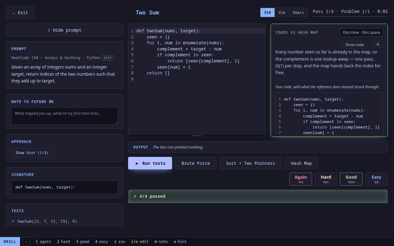 A Python drill: prompt and hint ladder on the left, the editor in the middle, your code diffed against the reference solution on the right, four cases green below