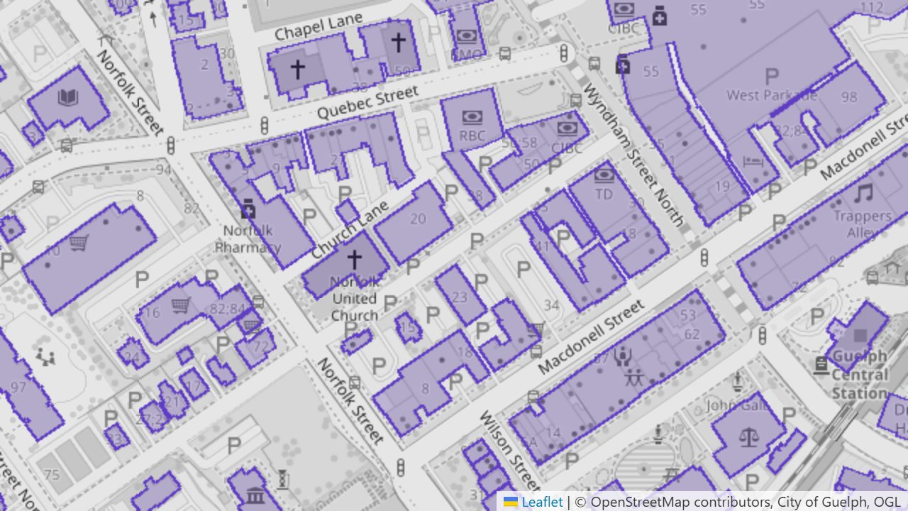 City building outlines in violet over downtown Guelph
