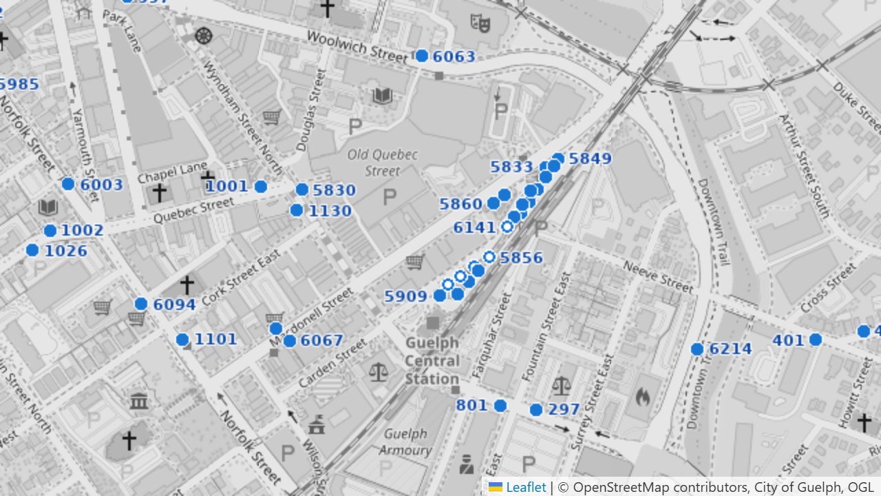 Guelph Transit stops as blue dots with stop numbers around Guelph Central Station