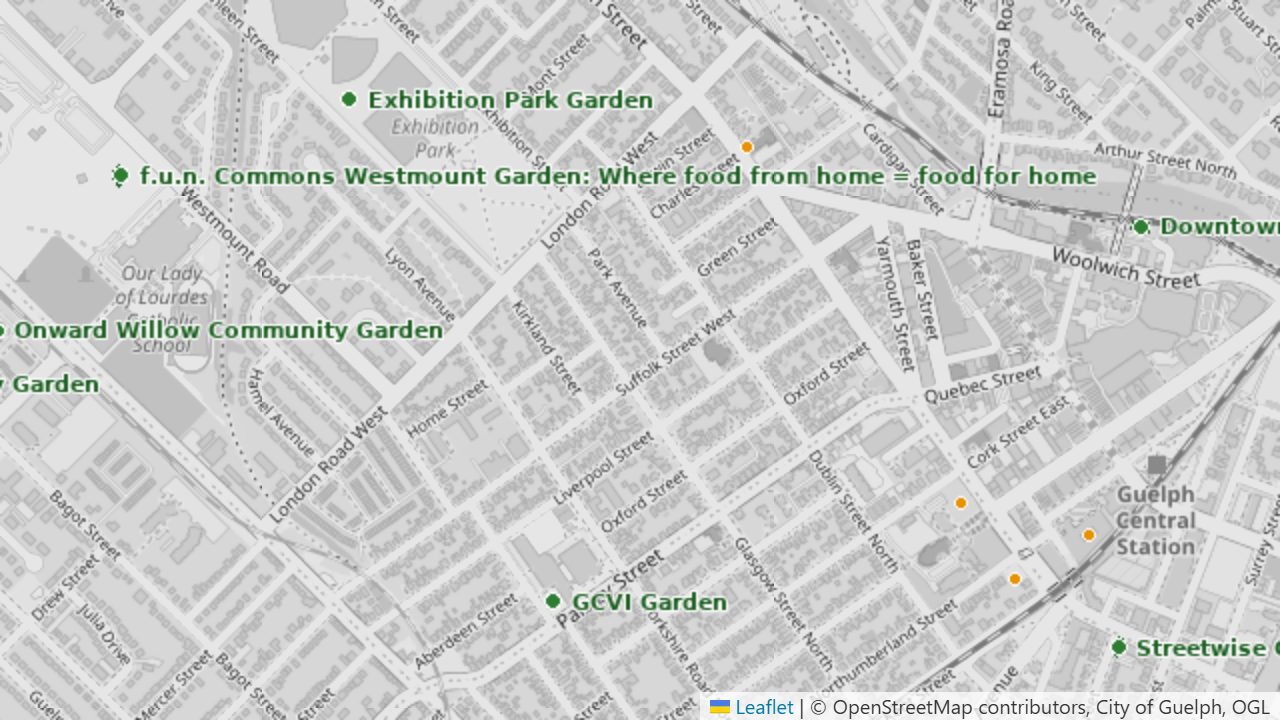 City community gardens as green dots with names, and pollinator patches as amber dots, around Exhibition Park and downtown Guelph