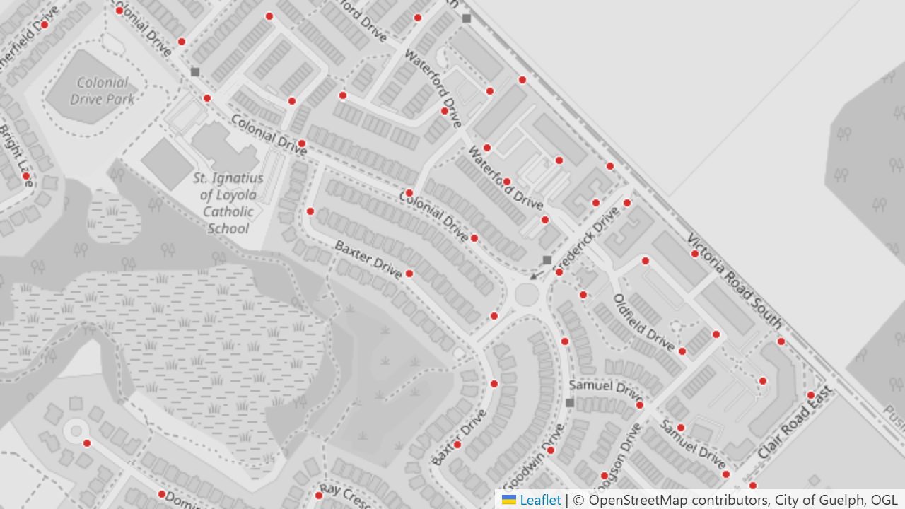 City fire hydrants as red dots along the streets of south-east Guelph