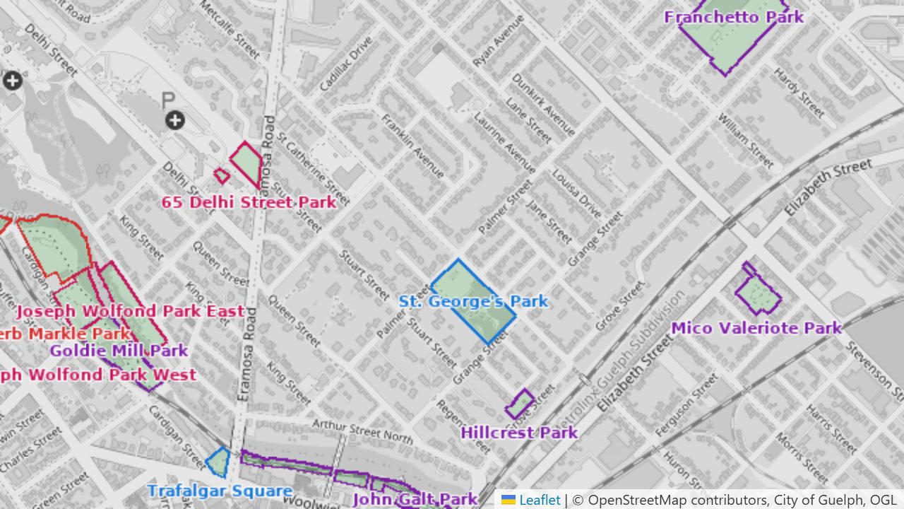 City park outlines and names over a grey OSM map of central Guelph