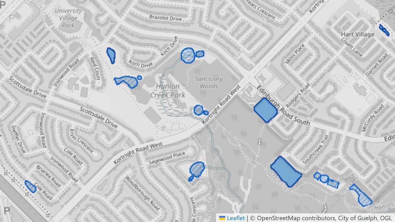 City stormwater basins in blue, dry basins hatched, beside the Hanlon Creek corridor in south Guelph