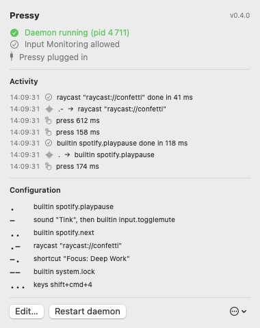 The pressy menu bar app: daemon status, live activity of presses and actions, current patterns