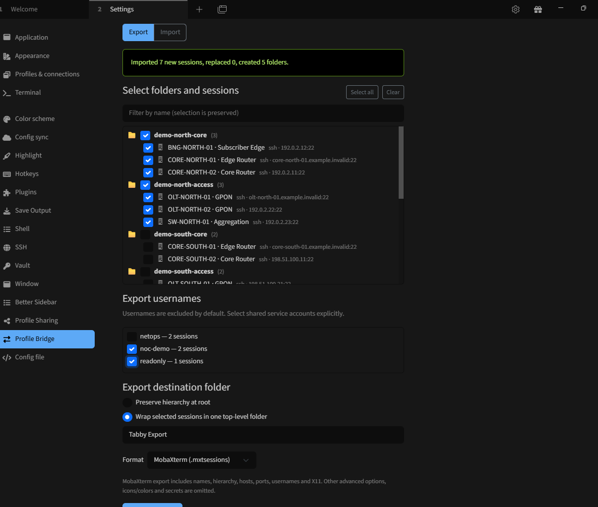Tabby Profile Bridge export: selected SSH profiles, nested folders, usernames and MobaXterm format