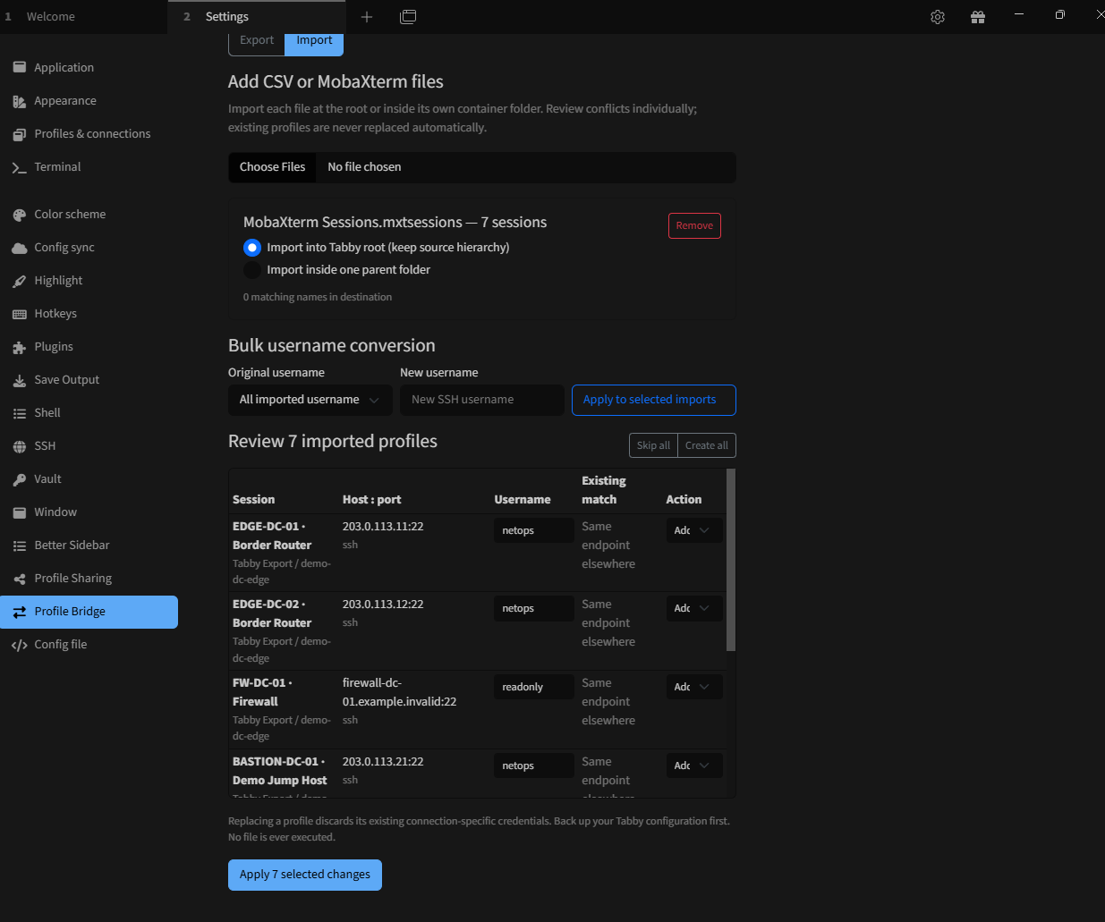 Tabby Profile Bridge import: MobaXterm sessions and per-profile conflict review