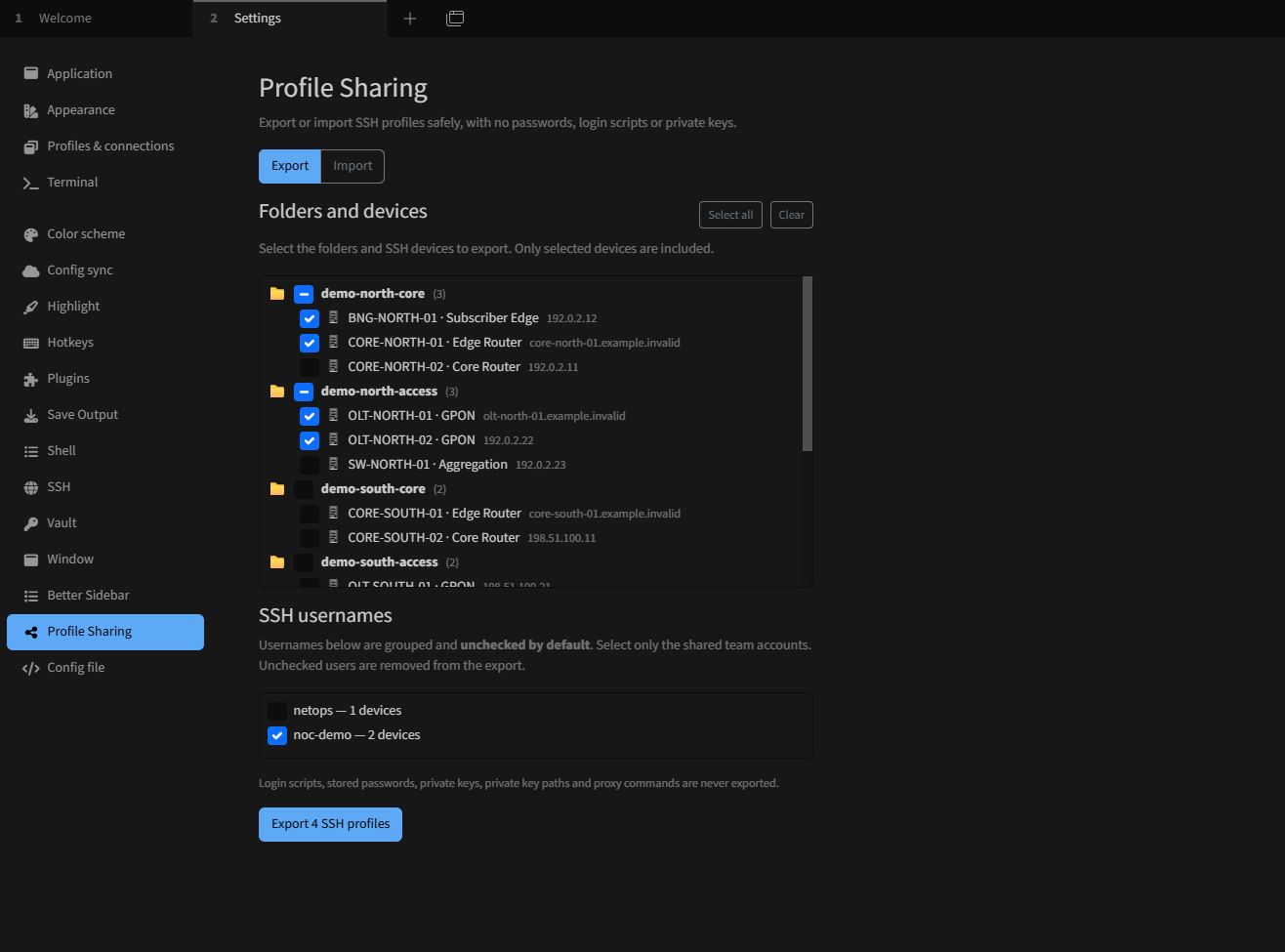 Tabby Profile Share export screen with nested SSH folders, selected profiles, and SSH username opt-in checkboxes
