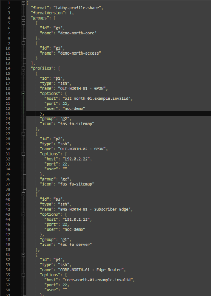 Sample Tabby Profile Share JSON export showing folder and SSH profile structure with fictional hosts