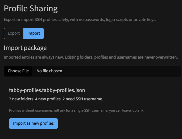 Tabby Profile Share import preview showing two new folders, four new profiles and two profiles without usernames