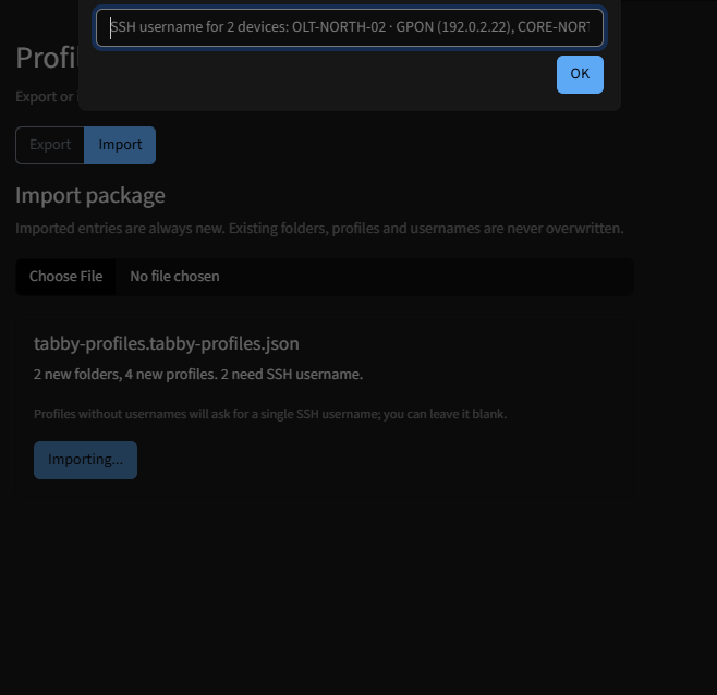 SSH username prompt showing two fictional devices requiring a username during import