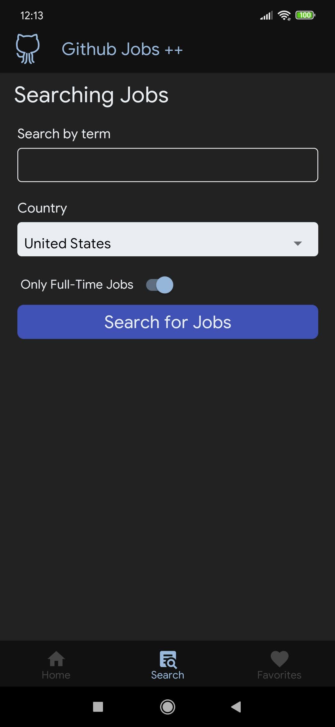 Home screen for Github Jobs ++ app