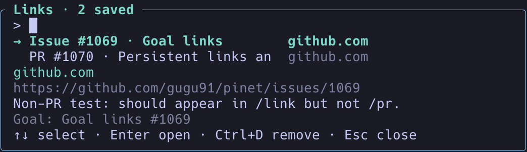 Saved links picker showing an issue and a pull request