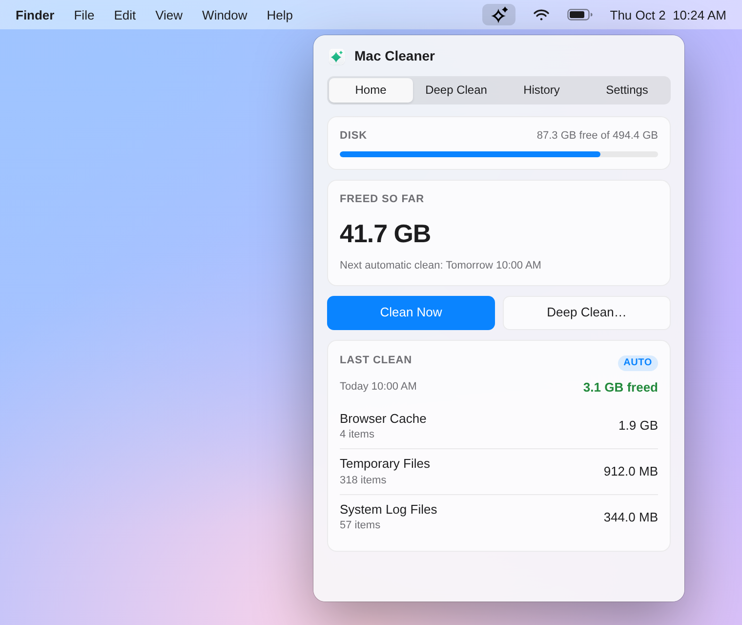 Mac Cleaner menu bar app: space freed, disk usage, last run and next automatic clean