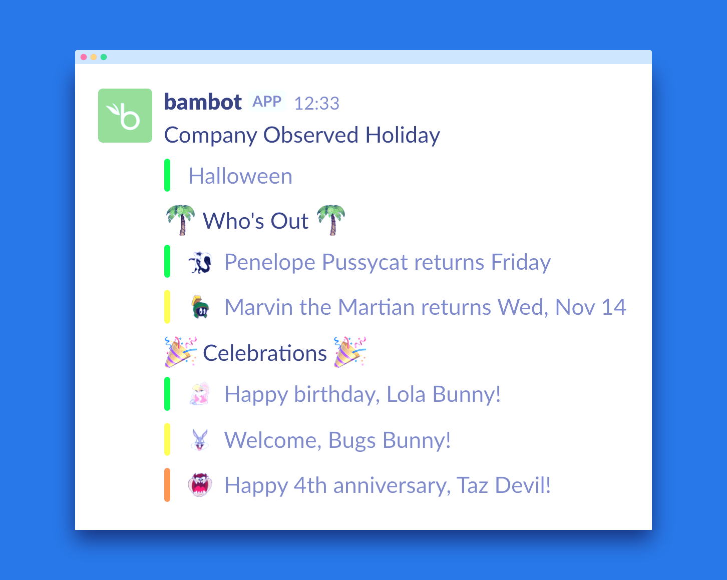 Slack screenshot of bambot message