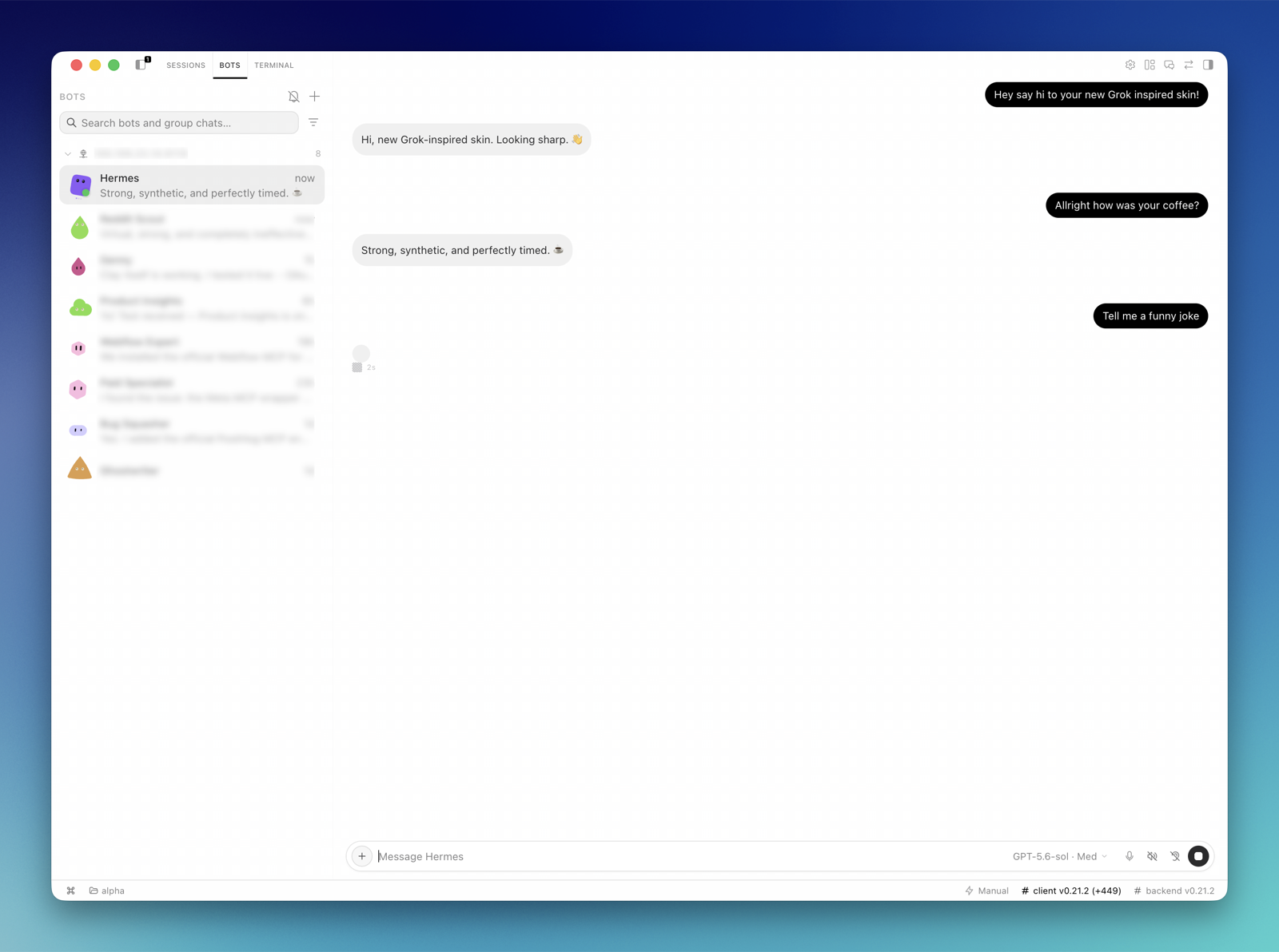 Bots view in light mode with a busy bot