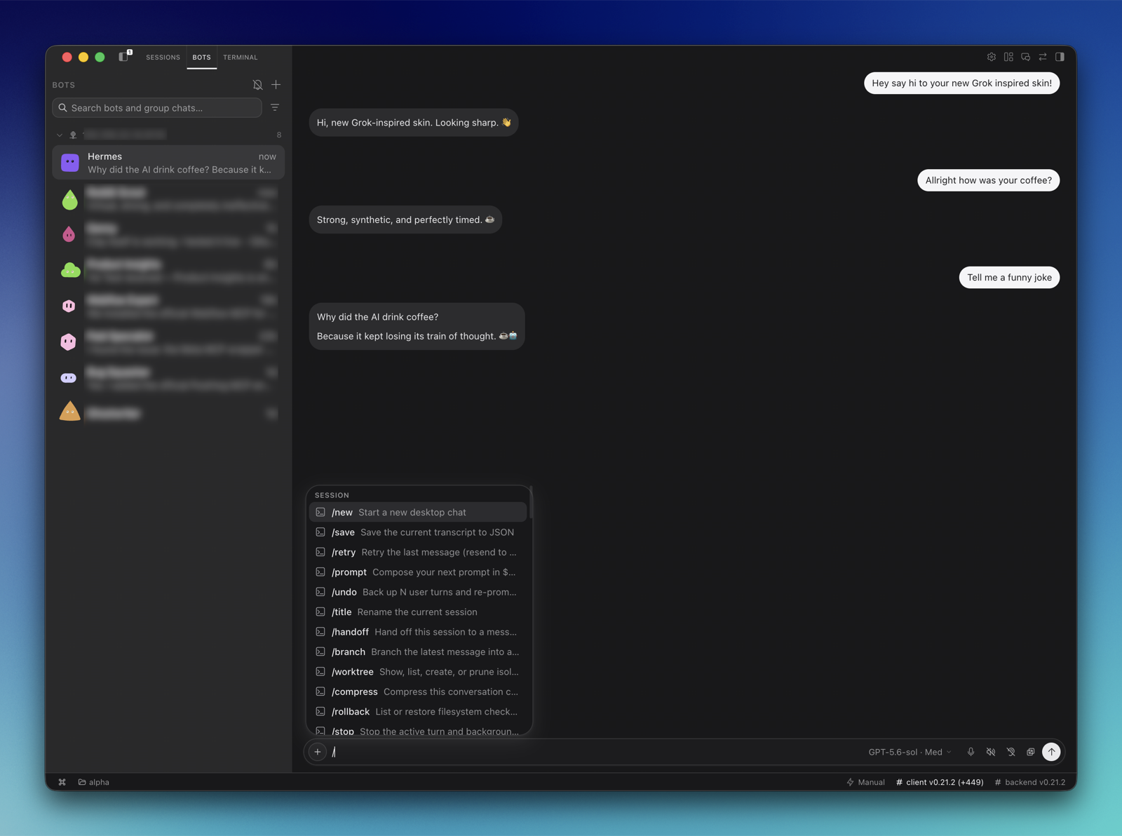 Bots view in dark mode with the slash command menu