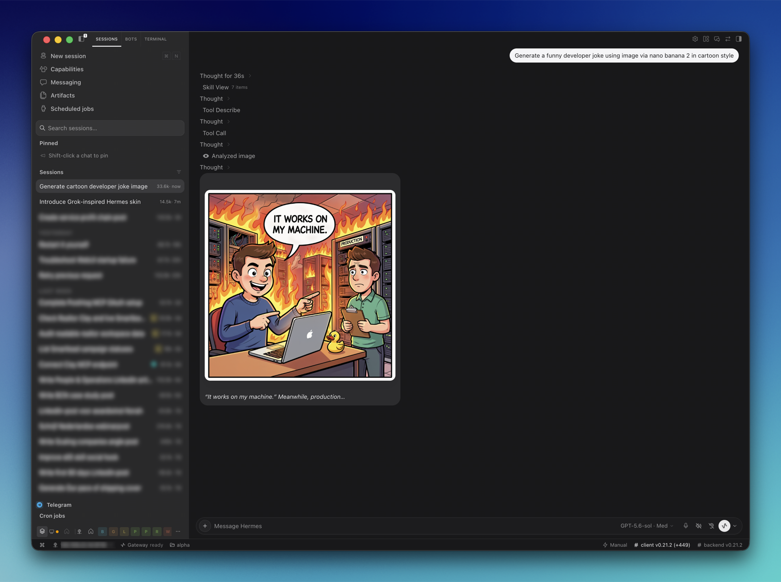 Tool calls and a generated image in dark mode