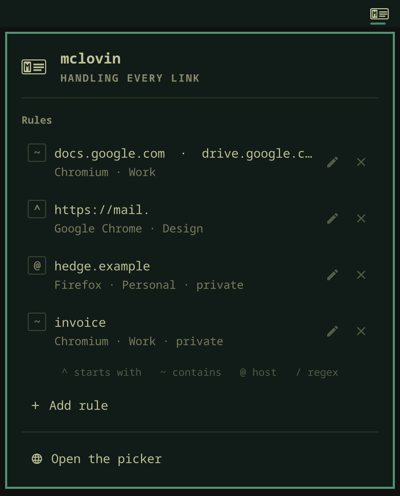 The bar widget's drop-down, showing four routing rules