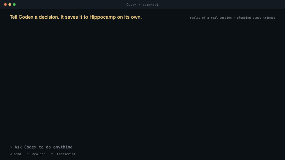 Codex saves a team decision to Hippocamp on its own; a later Claude Code session finds it with search_memory; git log shows the commit
