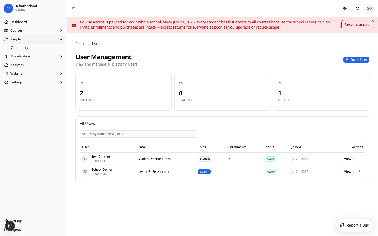 Admin dashboard with a red banner reading: Course access is paused for your whole school. Since July 23, 2026, every student has lost access to all courses because the school is over its plan limits.