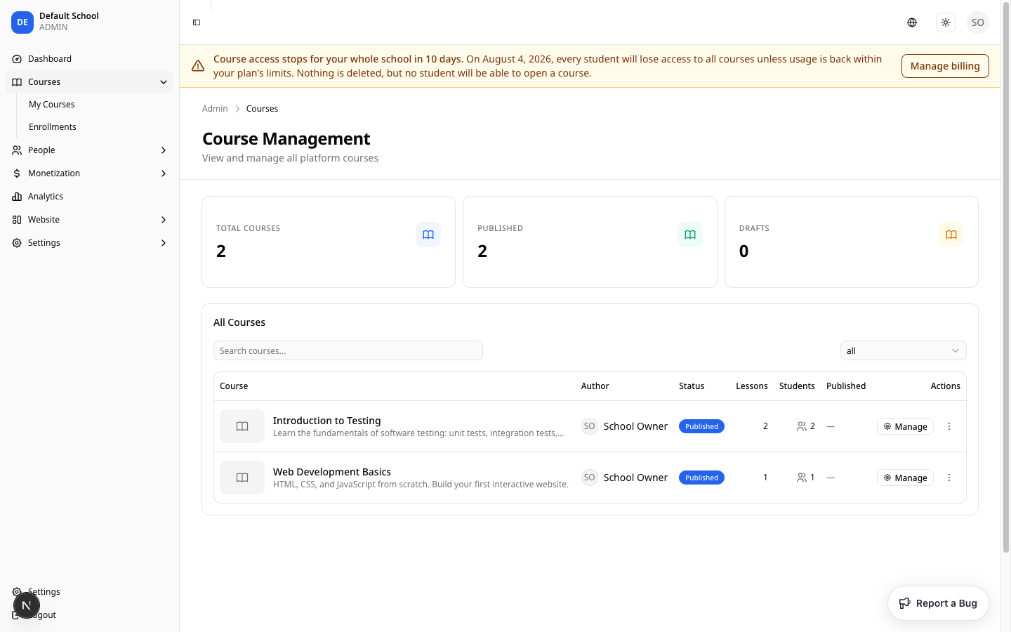 Admin dashboard with an amber banner reading: Course access stops for your whole school in 10 days. On August 4, 2026, every student will lose access to all courses unless usage is back within your plan's limits.
