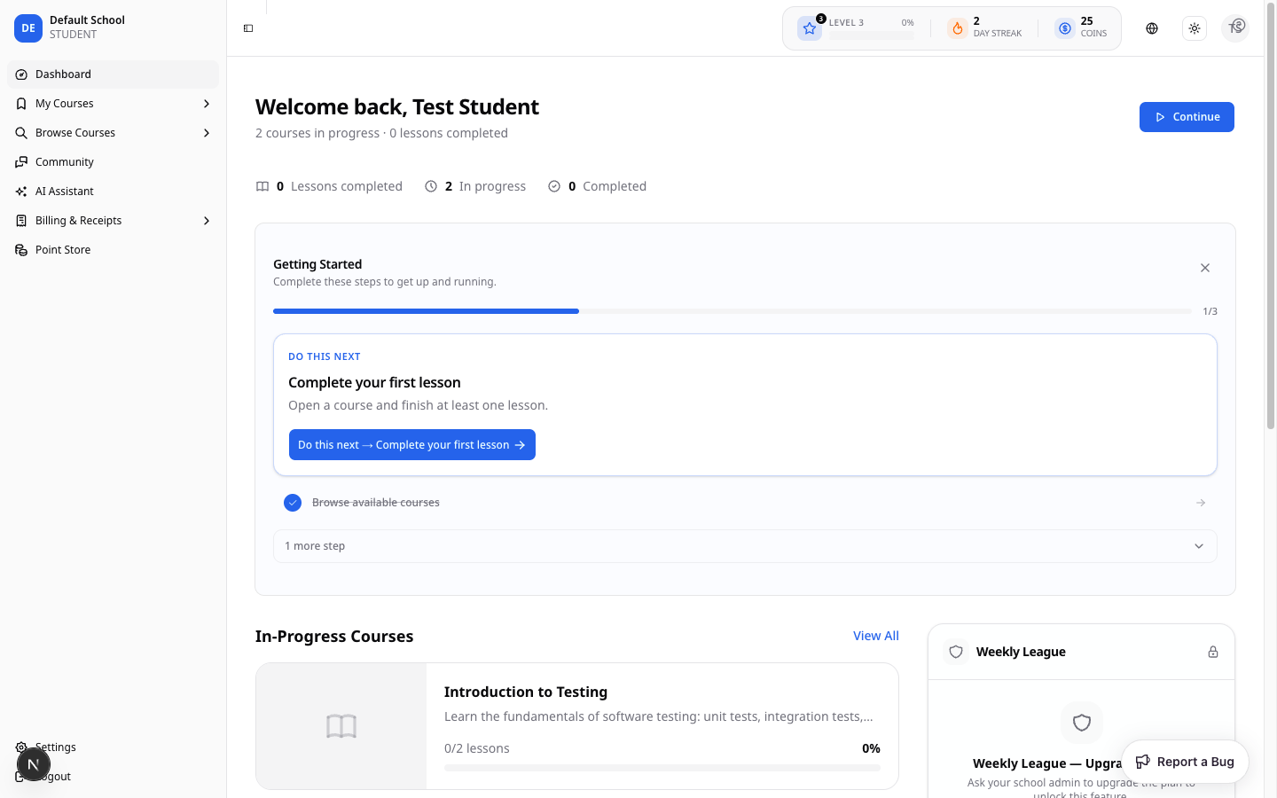 Student dashboard with no cutoff banner present