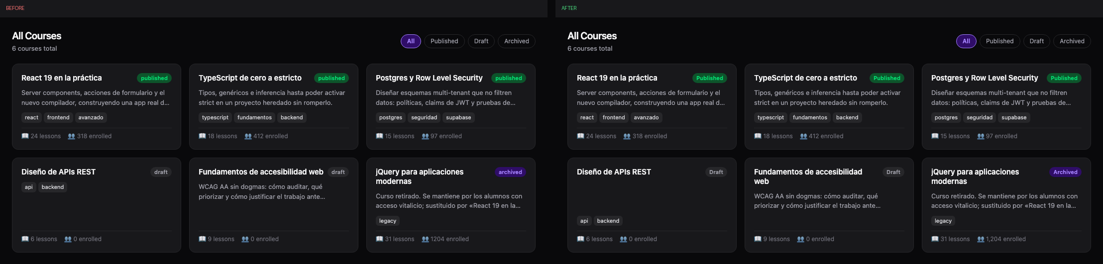 course-dashboard before and after
