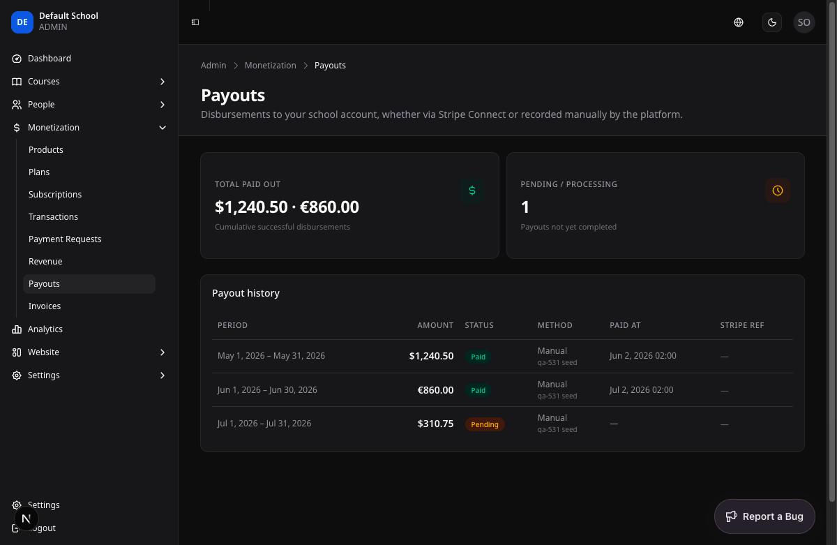After — school payouts page showing $1,240.50 · €860.00