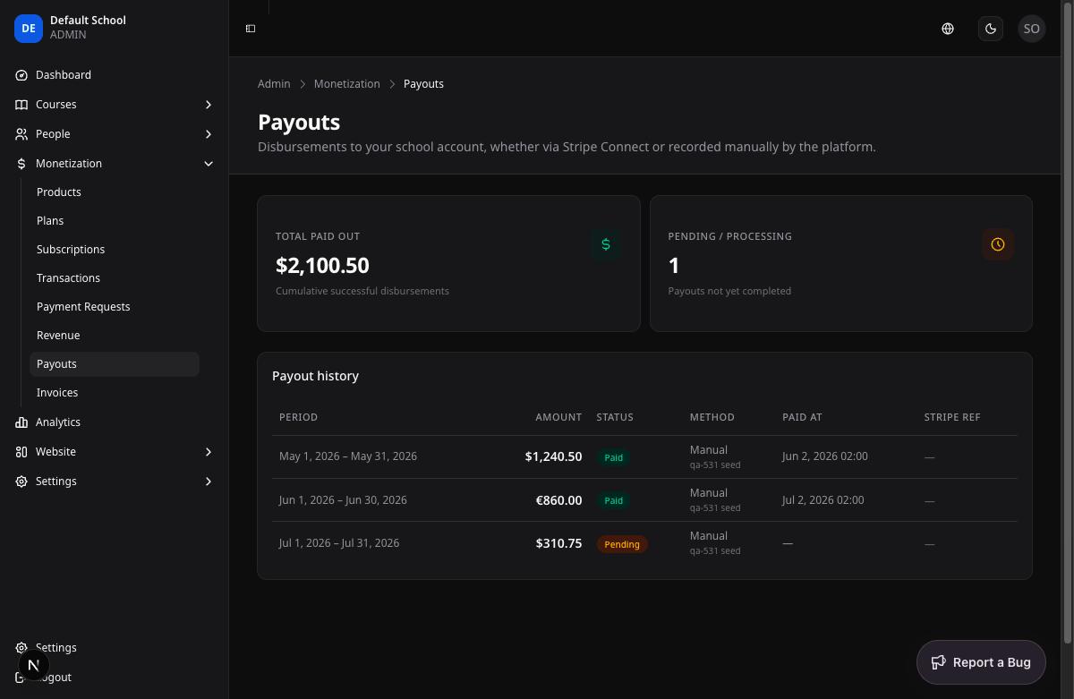 Before — school payouts page showing $2,100.50