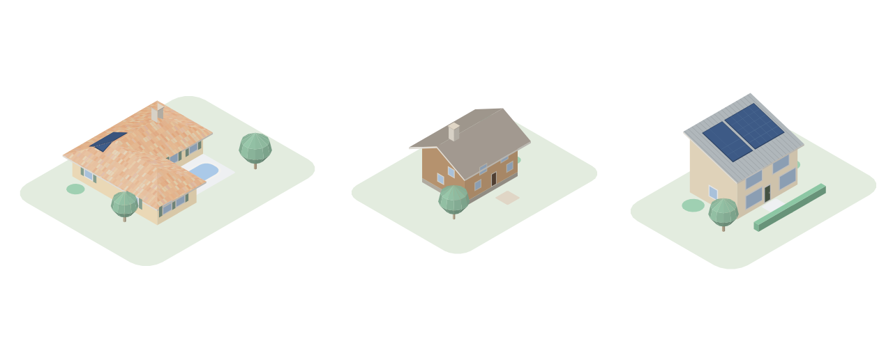 Trois maisons modélisées avec l'outil