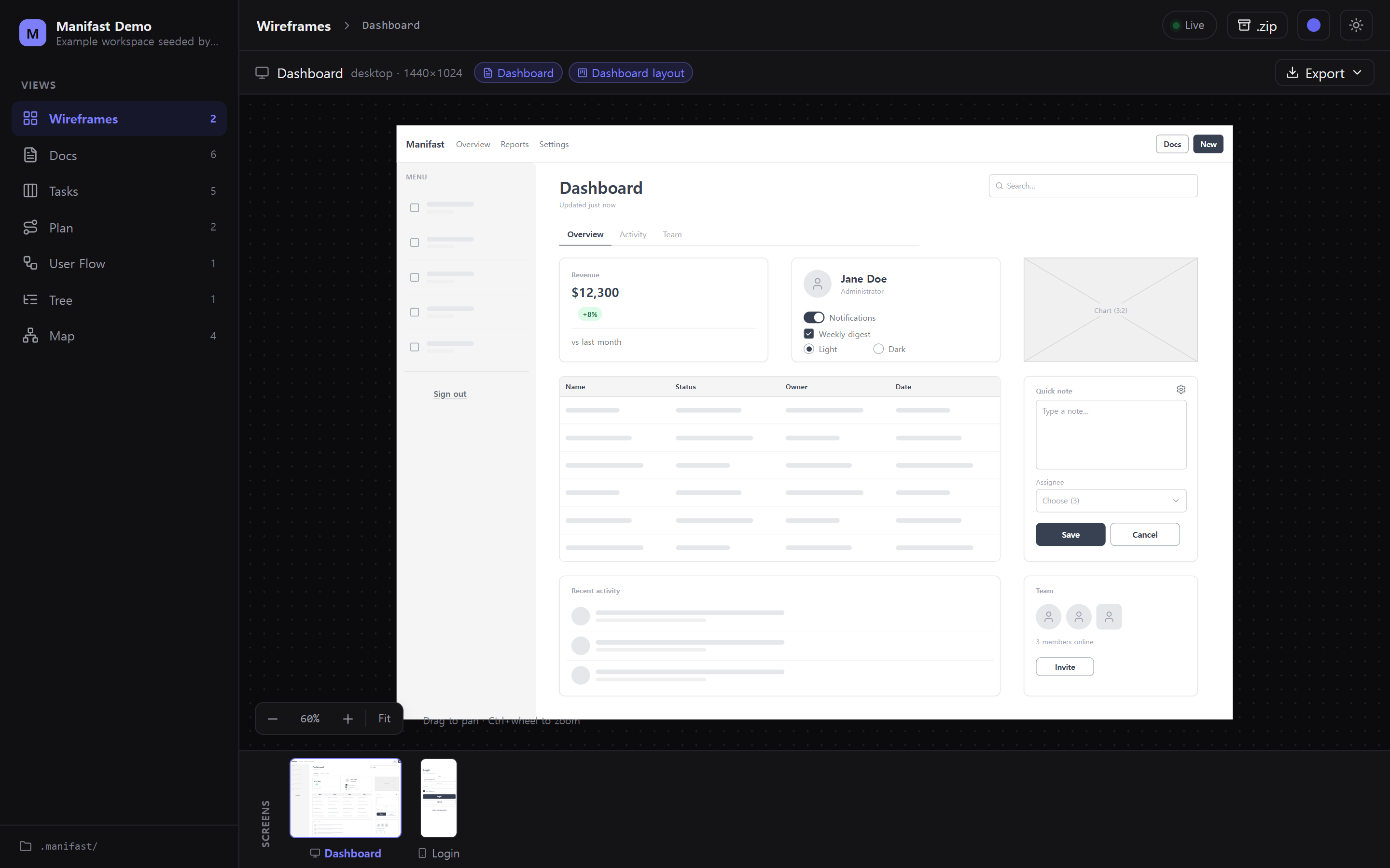 Wireframe canvas