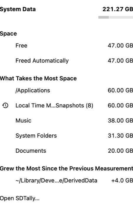 The menu bar icon open, showing free space and a short summary