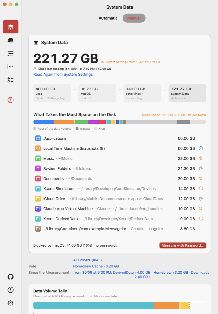 The System Data section: the number from Storage settings broken down into measured parts, each with its source