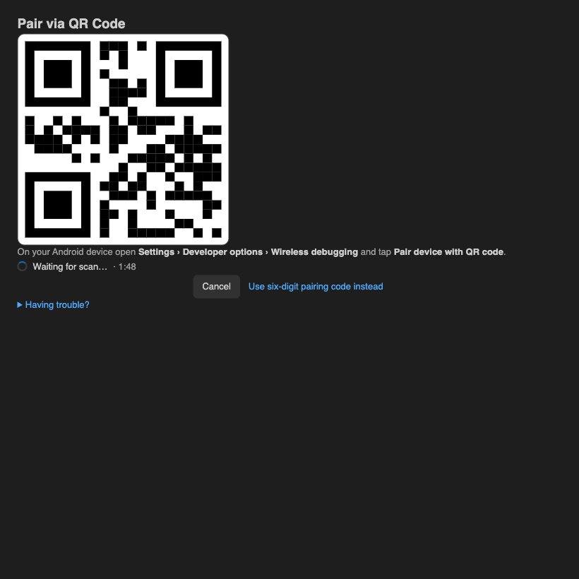 QR pairing — dark theme