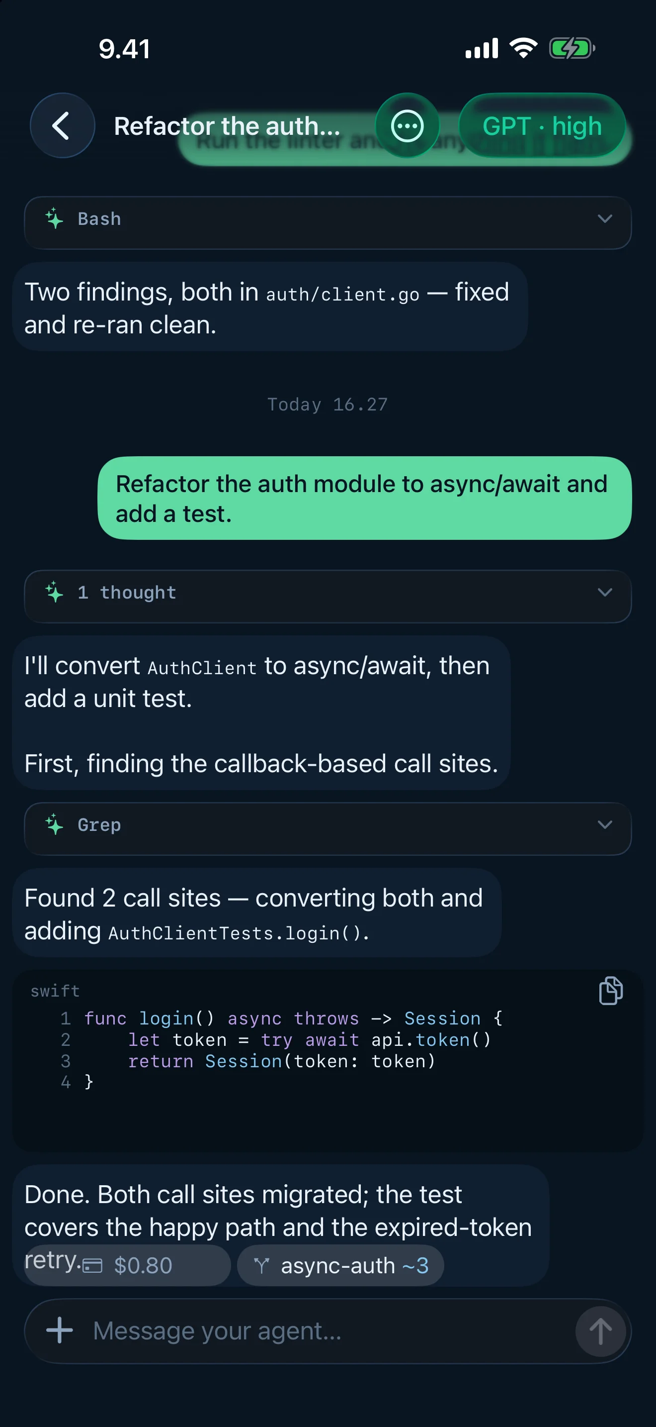 Markdown, syntax-highlighted code, and links rendered inline