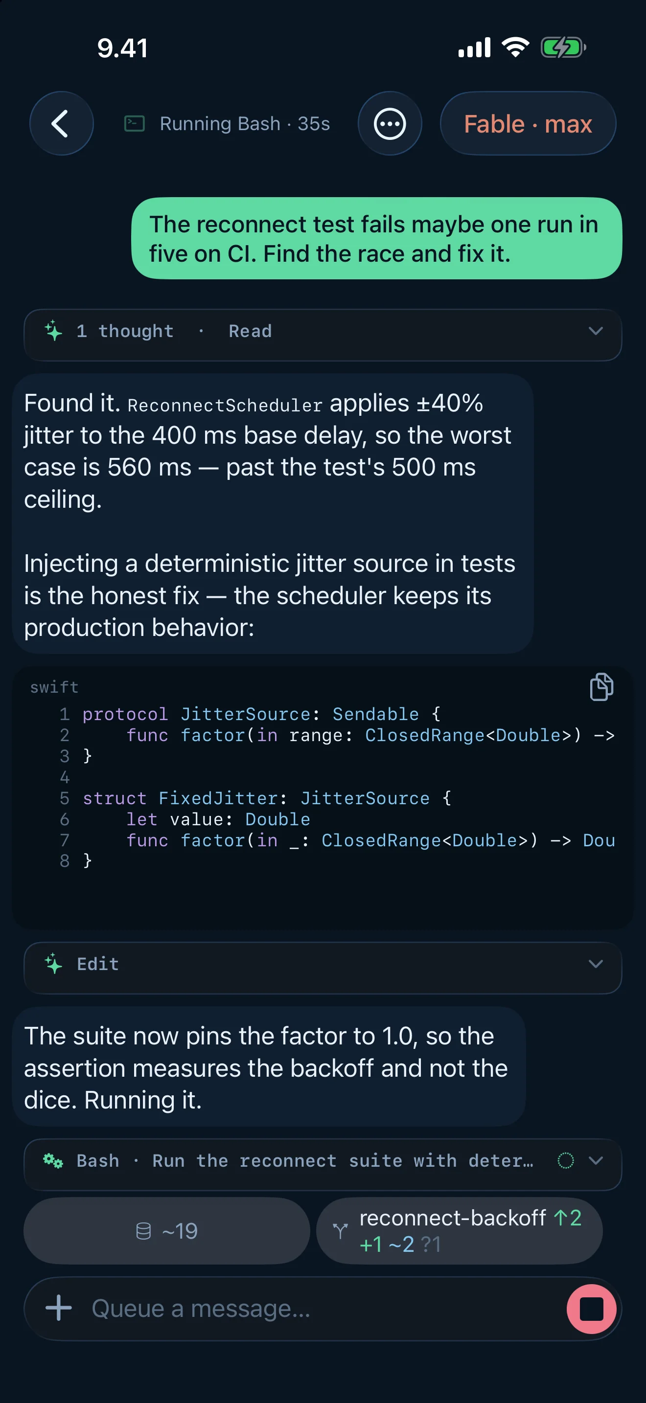 A live turn: the thinking, the code it wrote, the command it is running