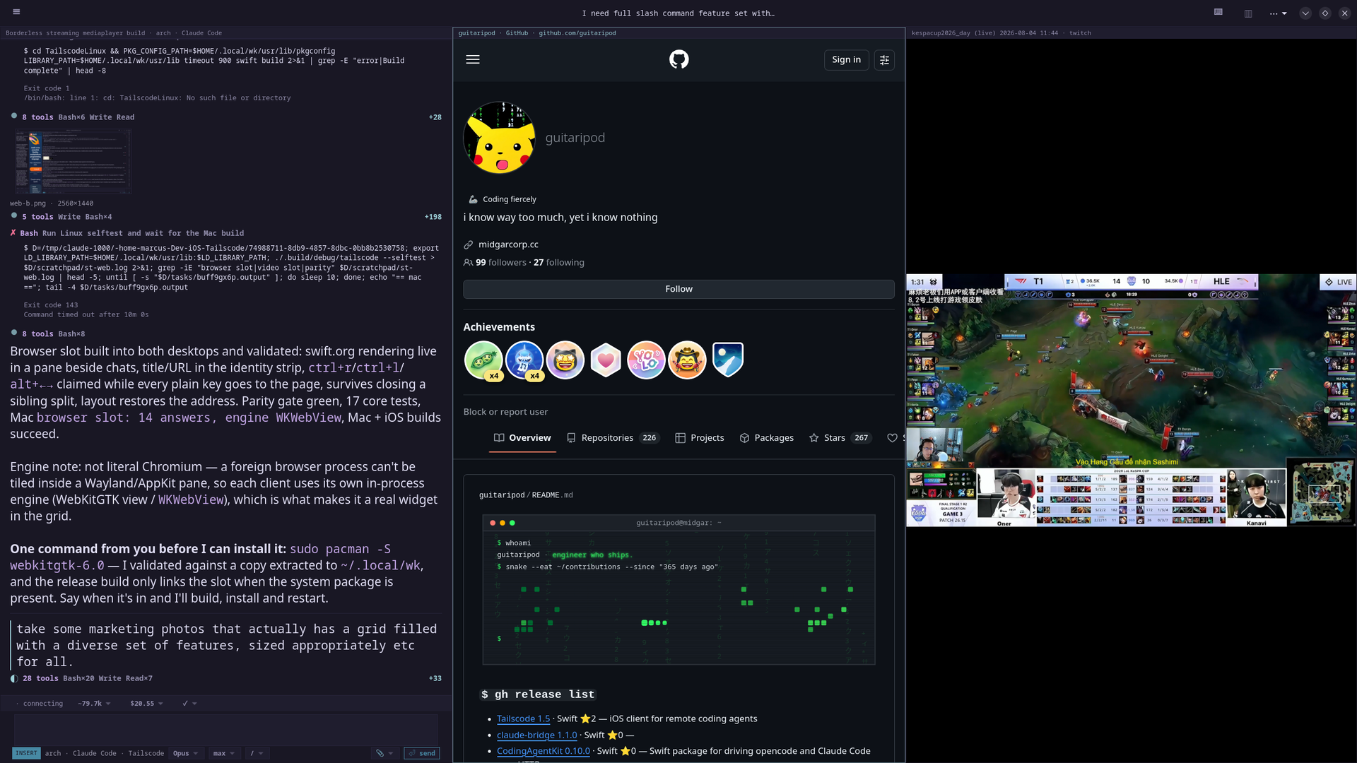The Linux client: two conversations tiled side by side with the file tree