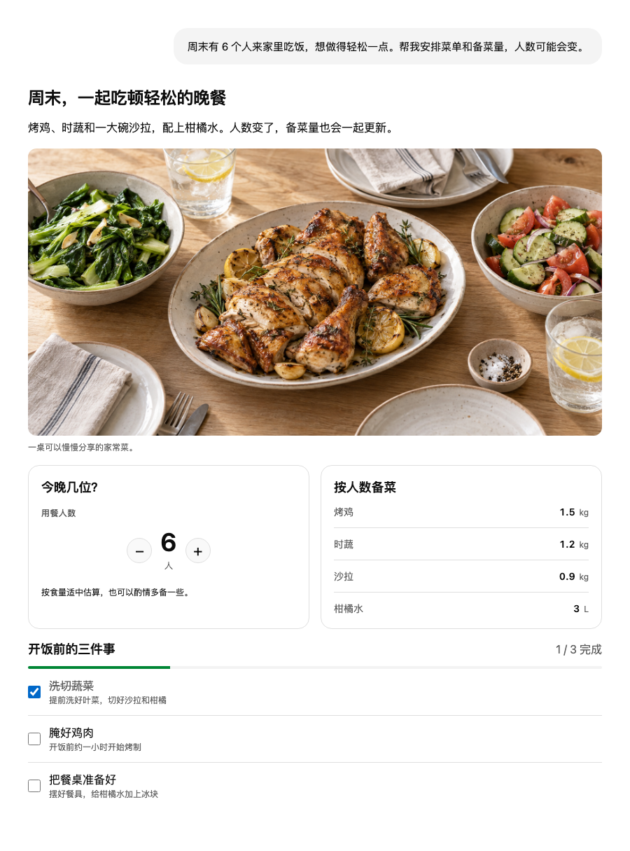 聚餐计划:调整人数、联动采购量并勾选准备事项