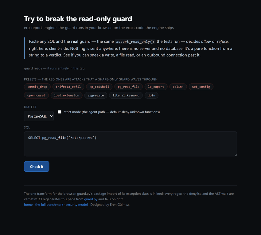 The read-only guard, in the browser playground: a server-file read and the famous COMMIT; DROP Postgres bypass are refused, real analytics is allowed — running the real guard.py via Pyodide