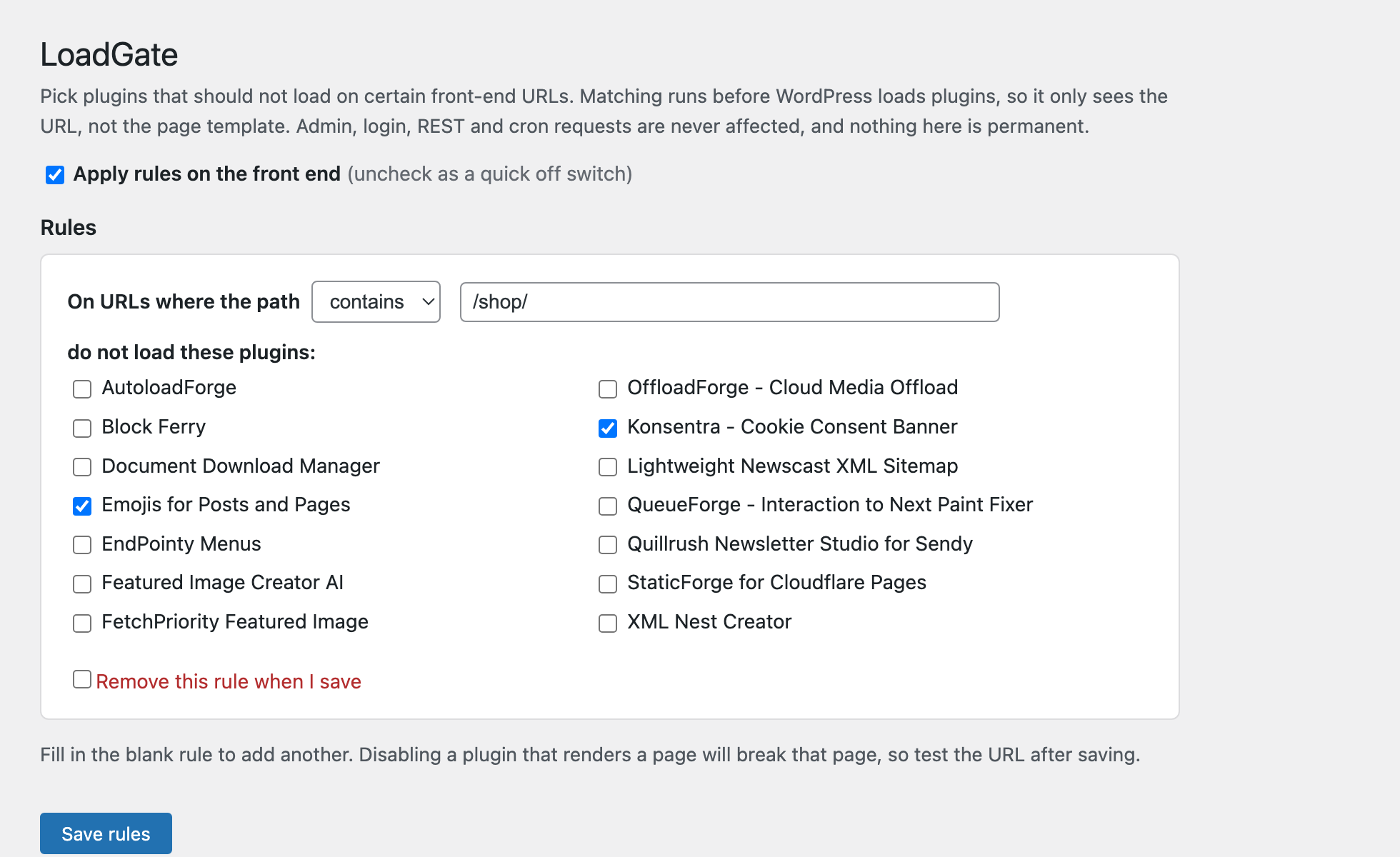 The LoadGate settings screen with a rule and the master switch