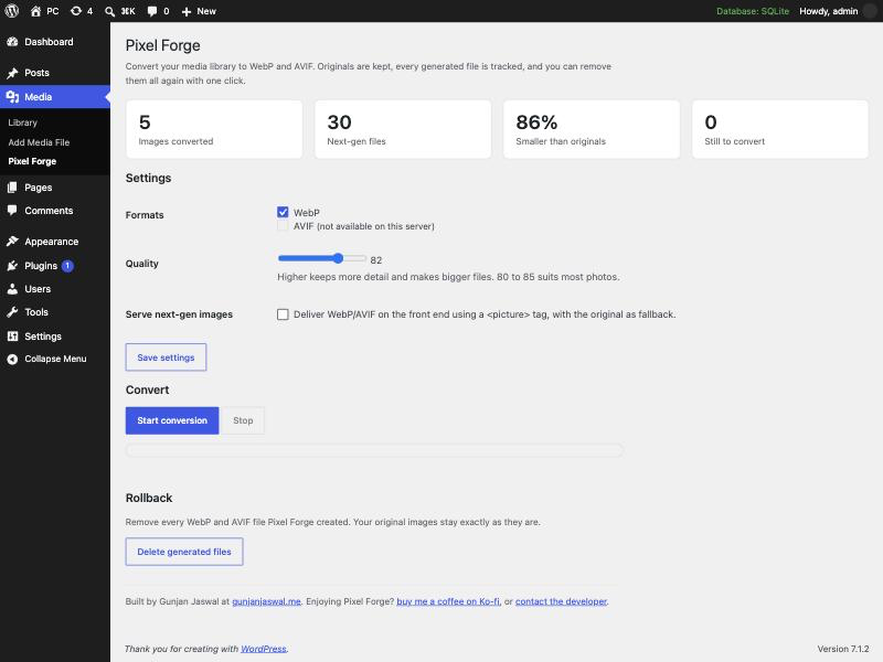 The Pixel Forge screen: status cards, settings, and the conversion controls