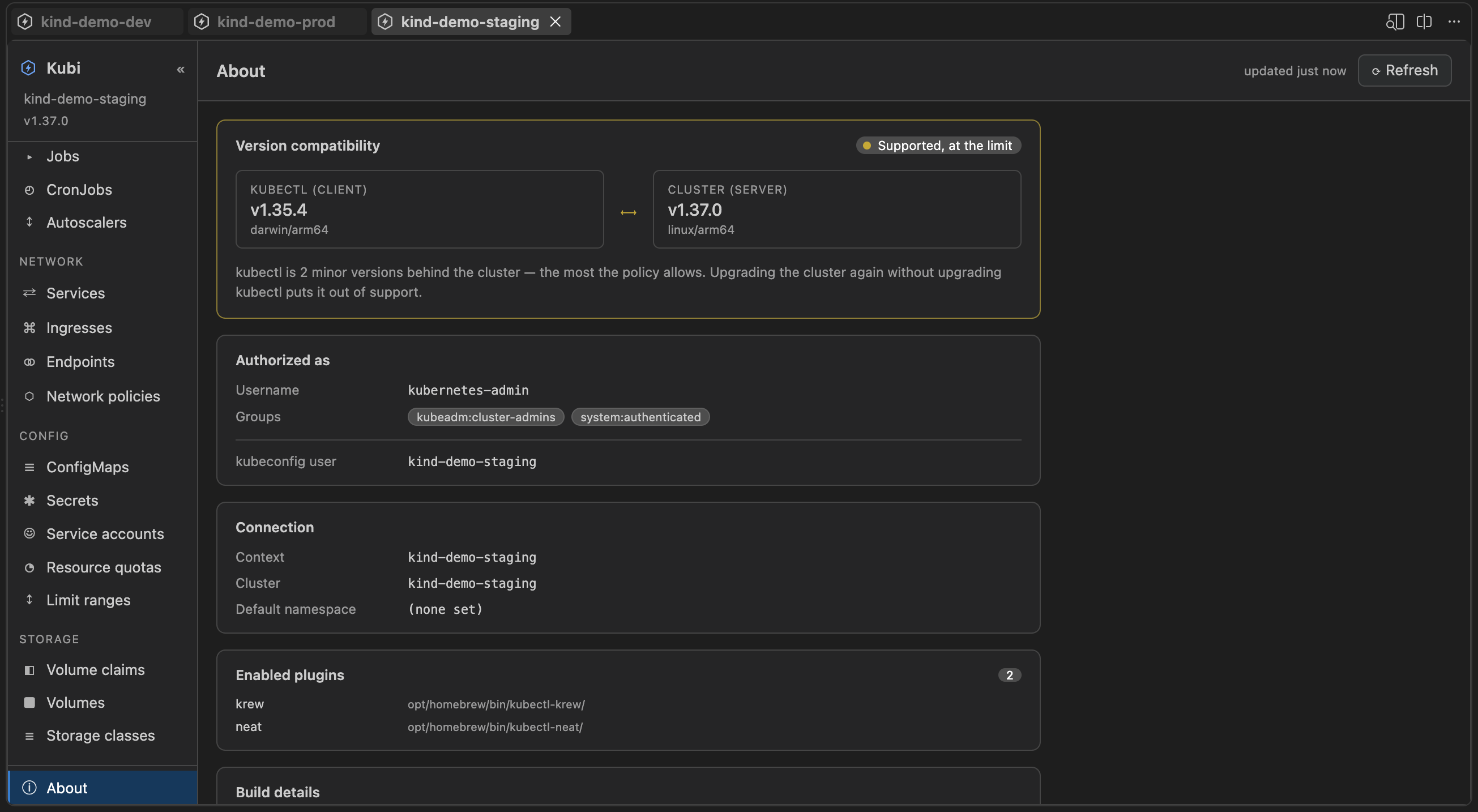 The About page: version skew, authenticated identity, connection and plugins