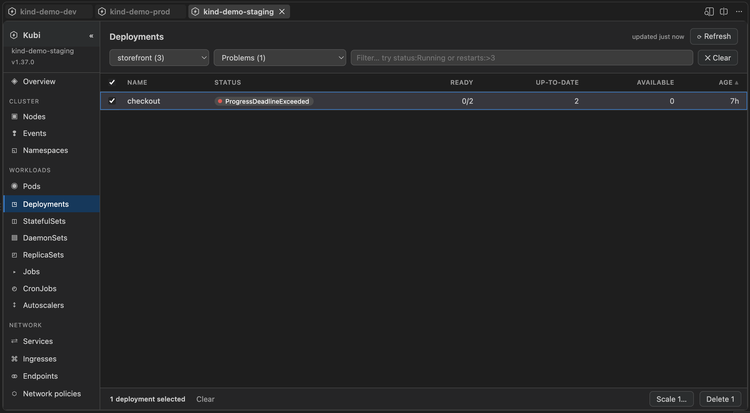 Deployments narrowed to one namespace and the Problems bucket