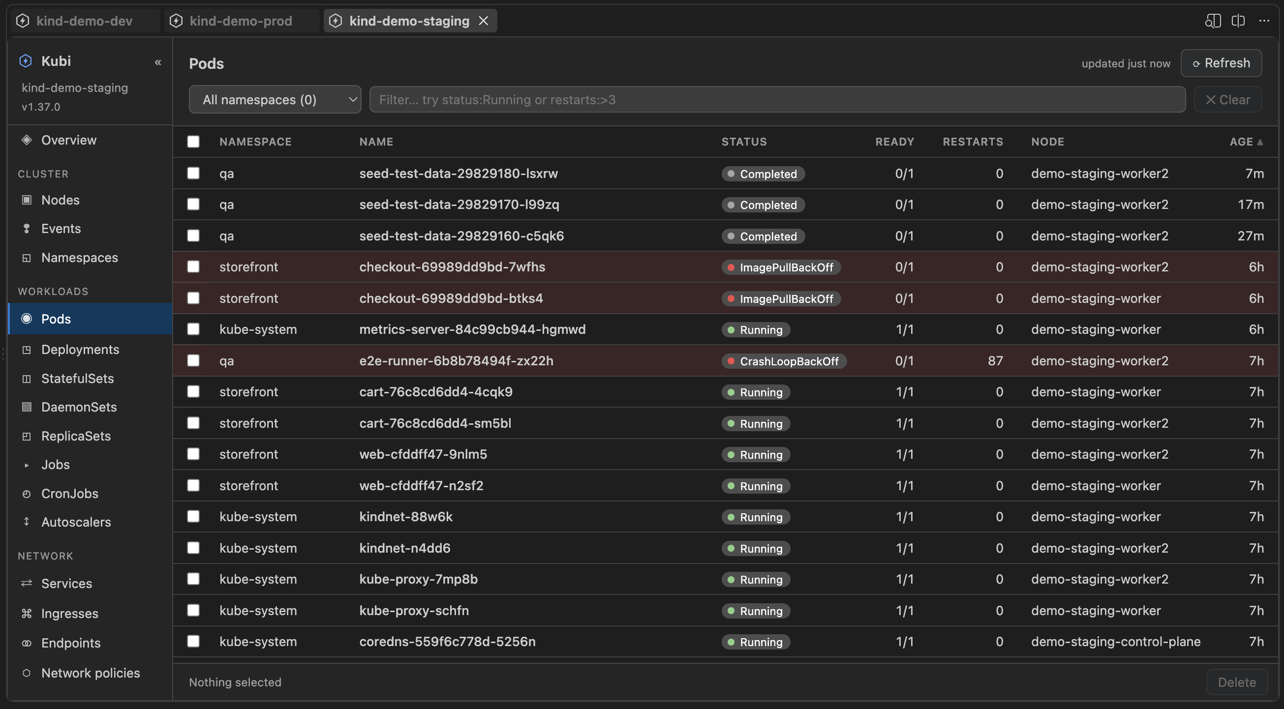The Pods table, with status pills and problem rows highlighted