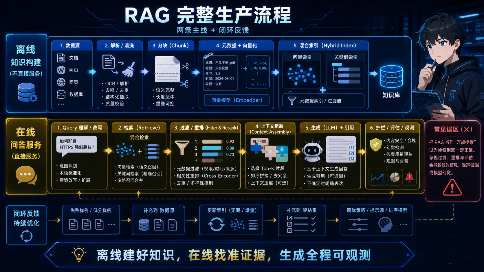 문서 수집부터 Chunking, Embedding, Hybrid Index, 검색·재순위화·생성·평가까지 RAG 생산流程을 연결한 구조도이다.