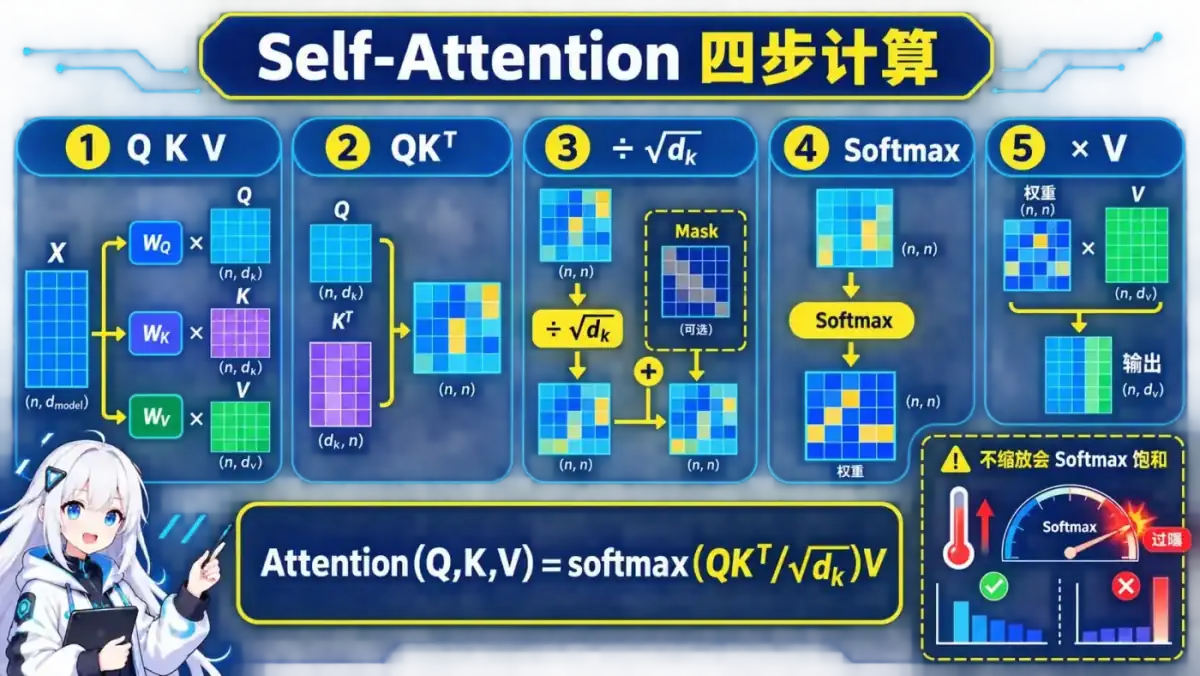 Self-Attention을 Q·K·V 생성, QKᵀ 계산, √dₖ 스케일링, Softmax, V 결합의 단계로 나눈 도식이다.