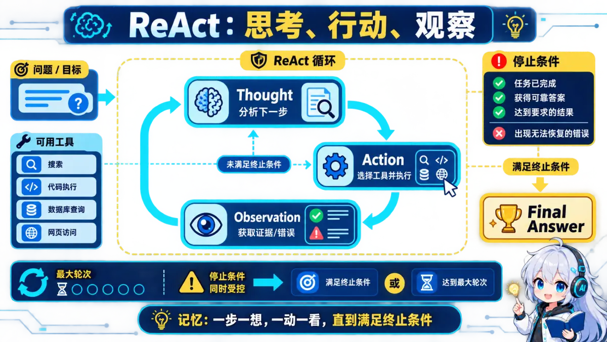 ReAct가 Thought, Action, Observation을 반복하며 도구를 호출하고 종료 조건을 확인하는 순환 구조도이다.