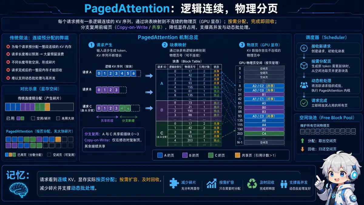 推理优化题图解示例：PagedAttention 显存管理机制