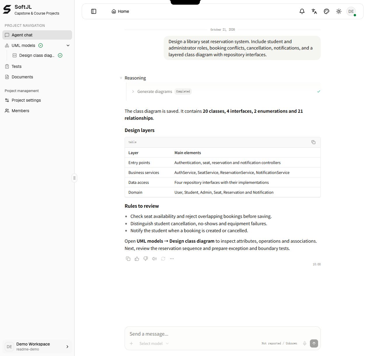 Quick Modeling — English conversation, design layers, business rules and saved model navigation