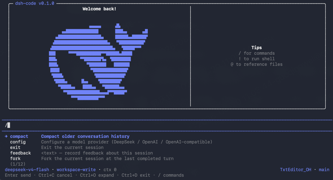 dsh-code welcome screen and command autocomplete